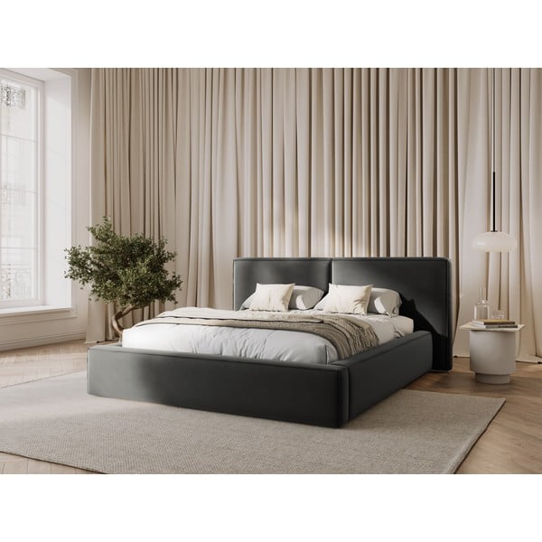 Letto matrimoniale imbottito grigio in velluto con contenitore con rete inclusa 200x200 cm Arendal – Cosmopolitan Design-image-1