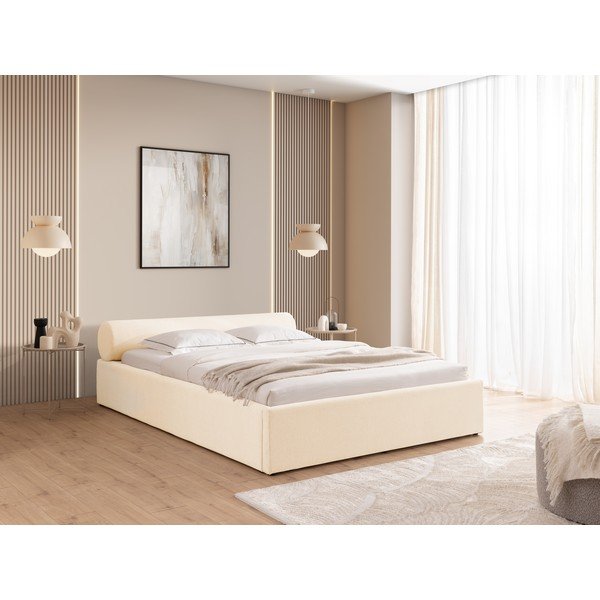Letto matrimoniale imbottito color crema con contenitore con rete inclusa 140x200 cm Cille – Ropez-image-1