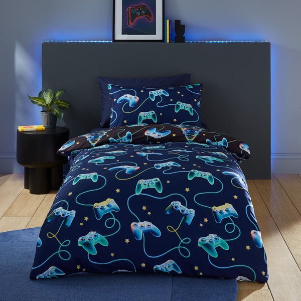 Set copripiumino e federa nero e blu per letto matrimoniale 200x200 cm Christmas Gamer – Catherine Lansfield-image-2