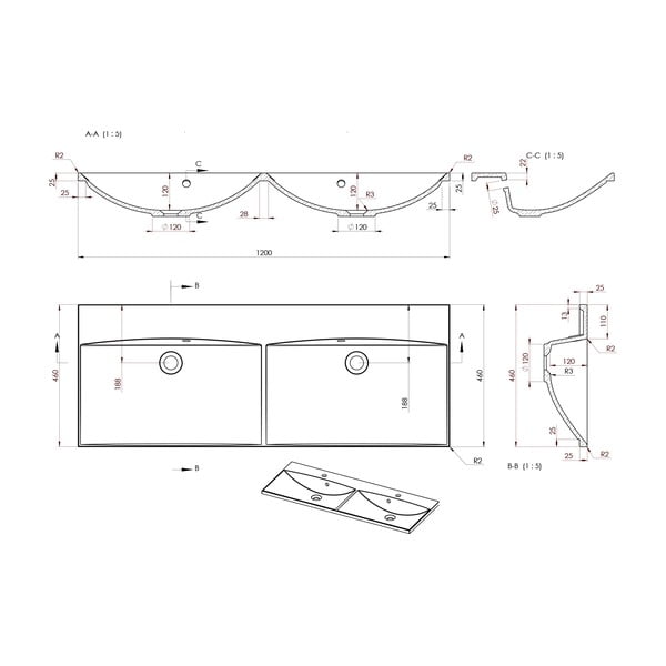 Doppio lavabo bianco in composito minerale 120x46 cm Maria – Sapho-image-1