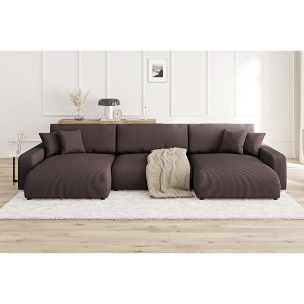 Divano angolare marrone allungabile/con contenitore (a U) con rivestimento in velluto a coste Sara – Ropez-image-1