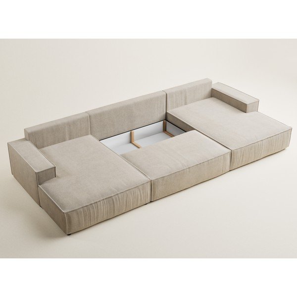 Divano angolare beige allungabile/con contenitore (a U) con rivestimento in ciniglia Kyoto – Maison de Rêve-image-4