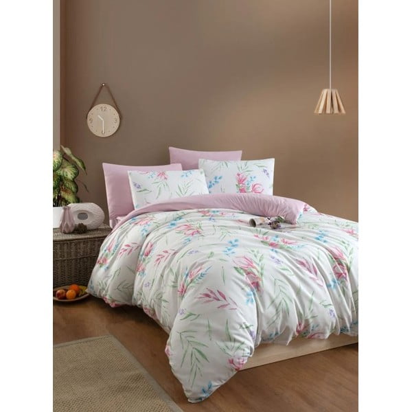 Biancheria da letto quadrupla estesa bianca e rosa per letto matrimoniale con lenzuolo 200x220 cm Leaves - Mila Home