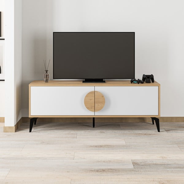 Tavolo TV in rovere decorato in bianco e naturale 140x51 cm Vae - Marckeric-image-2