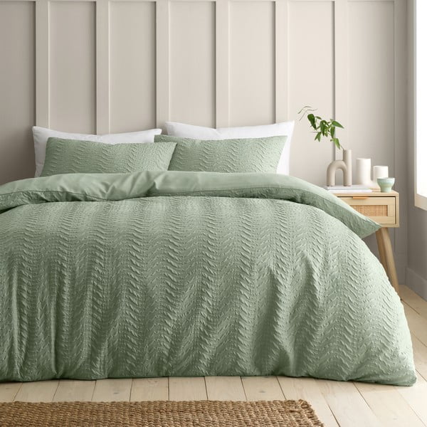 Set copripiumino e federa verde in crêpe per letto matrimoniale e per letto esteso 230x220 cm Heatset Wave – Catherine Lansfield-image-1