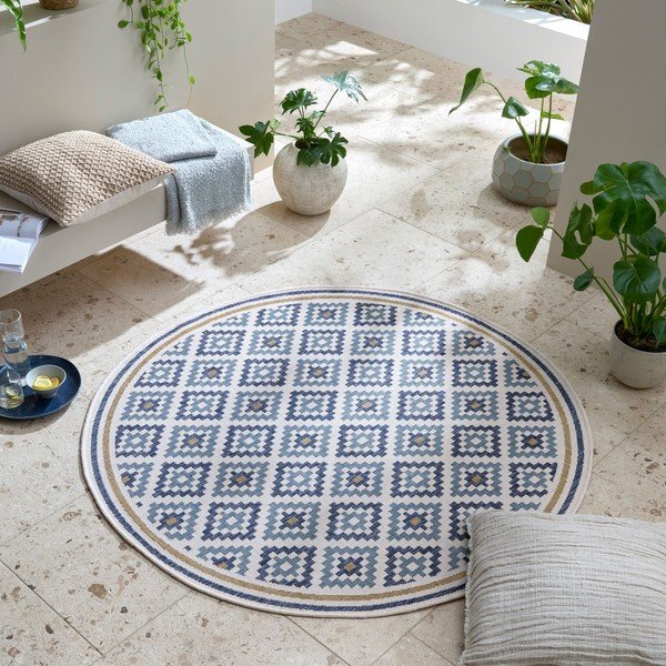Tappeto da interno e esterno rotondo giallo e blu ø 160 cm Zia Trellis – Flair Rugs-image-1