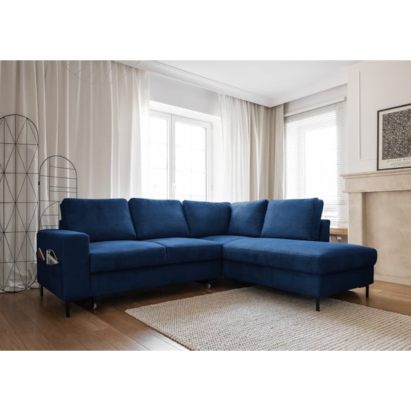 Divano letto angolare in velluto a coste blu scuro (angolo destro) Lofty Lilly - Miuform-image-3