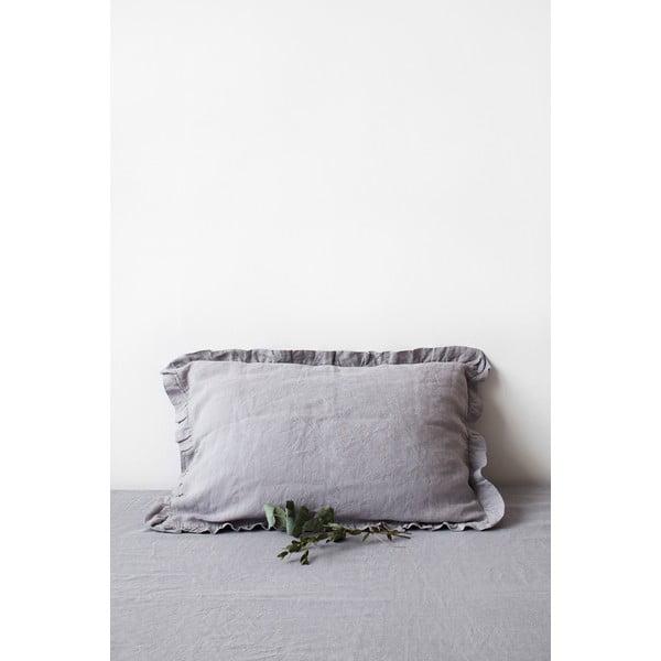 Federa di lino grigio chiaro con bordo a righe , 50 x 60 cm Light Grey - Linen Tales