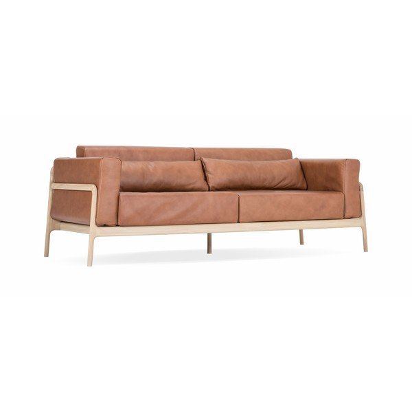 Divano in pelle di bufalo marrone cognac con struttura in rovere massiccio , 240 cm Fawn - Gazzda-image-2