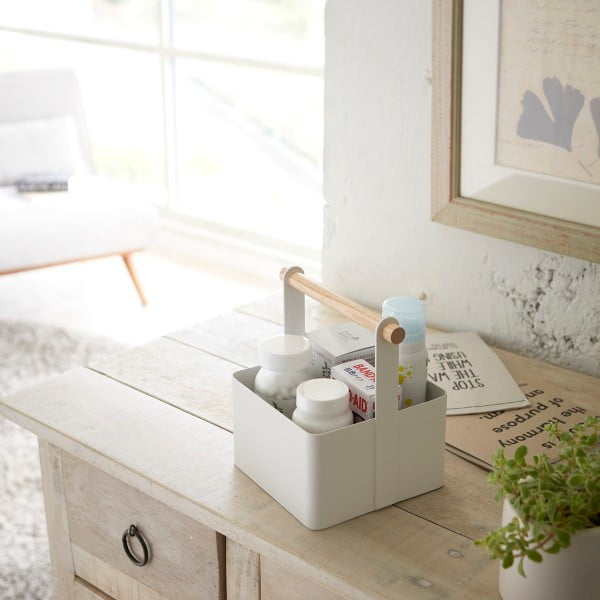 Scatola multifunzionale bianca con dettagli in faggio Scatola per attrezzi, lunghezza 16 cm Tosca - YAMAZAKI-image-1