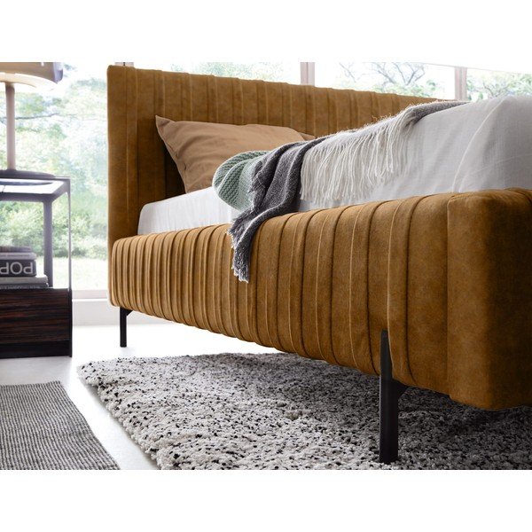 Letto matrimoniale imbottito giallo ocra con contenitore e rete inclusi 180x200 cm Plissa – ELTAP-image-4