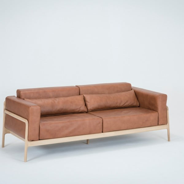 Divano in pelle di bufalo marrone cognac con struttura in rovere massiccio, 210 cm Fawn - Gazzda-image-4