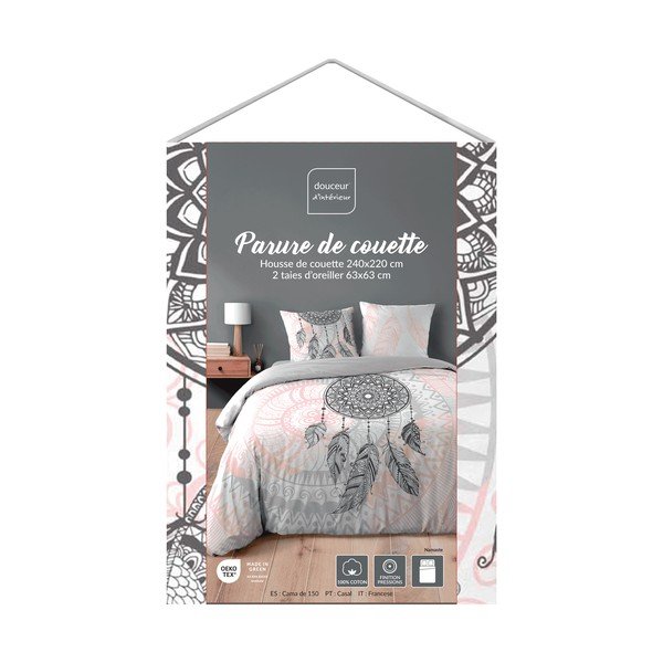 Set copripiumino e federa bianco/rosa in cotone per letto matrimoniale/per letto esteso 3 pezzi 240x220 cm Namaste – douceur d'intérieur-image-1