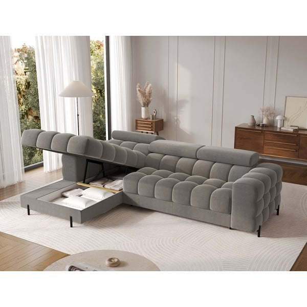 Divano angolare grigio tortora allungabile/con contenitore (con penisola a sinistra/con chaise lounge) con rivestimento in velluto Felro – ELTAP-image-4