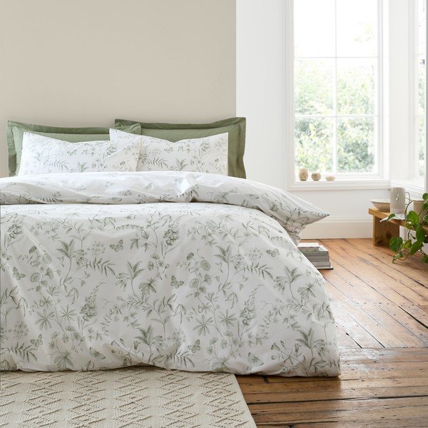 Set copripiumino e federa verde e color crema in cotone per letto singolo 135x200 cm Thea Floral – Bianca-image-1