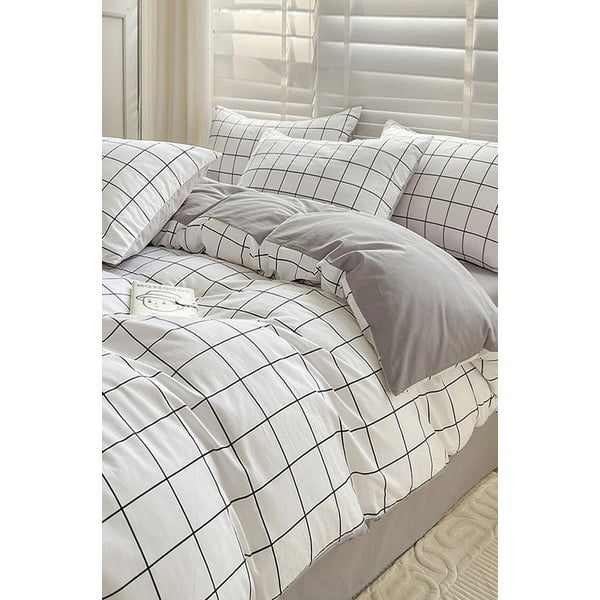 Biancheria da letto bianca/grigia in cotone renforcé per letto singolo/per letto esteso con lenzuolo incluso/3 pezzi 160x220 cm Checkered – Mila Home-image-3
