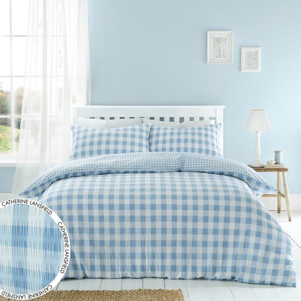 Biancheria blu per letto matrimoniale 200x200 cm Seersucker Gingham Check - Catherine Lansfield-image-4