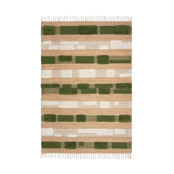 Tappeto tessuto a mano in juta di colore verde-naturale 120x170 cm Medina Blocks - Flair Rugs