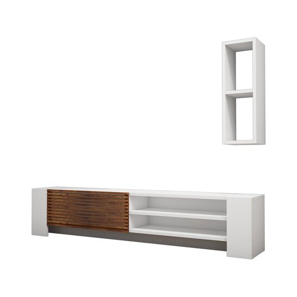 Tavolo TV e mensola a muro bianchi con dettagli in legno di noce Muzzo Pina - Puqa Design