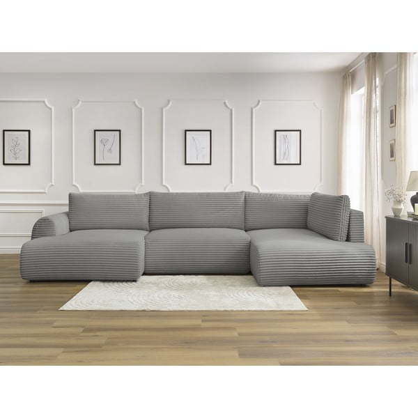 Divano angolare grigio scuro allungabile/con contenitore (con penisola a destra/a U) con rivestimento in velluto a coste Lucien – Bobochic Paris-image-1