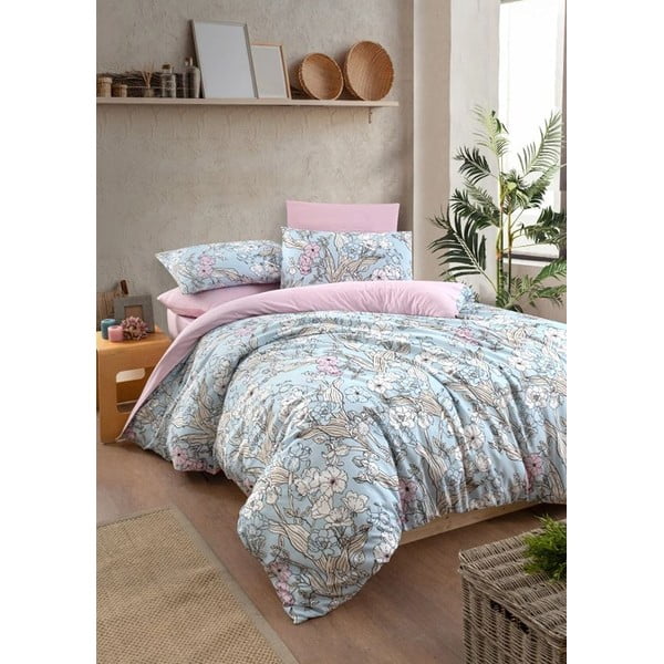 Biancheria matrimoniale estesa blu e rosa a quattro pezzi con lenzuolo 160x220 cm Floral - Mila Home