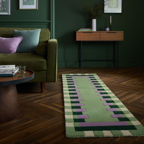 Passatoia verde in lana e viola tessuto a mano 60x230 cm Kai Wool Border - Flair Rugs-image-1