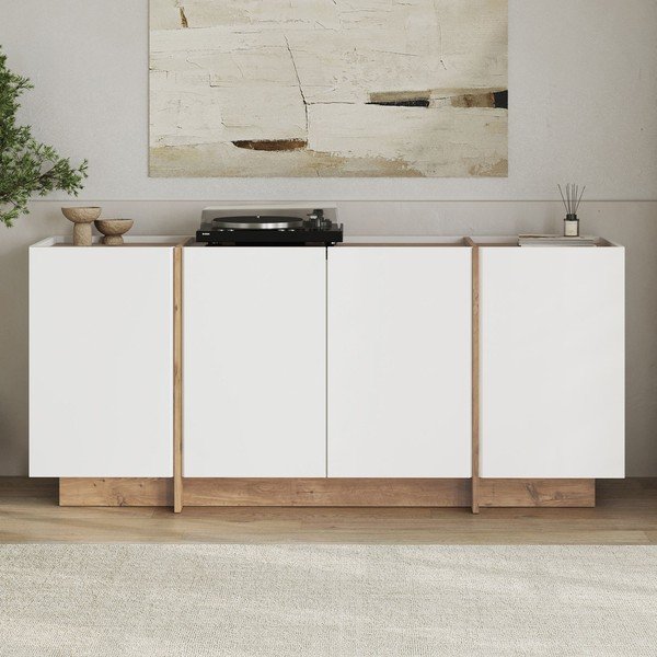 Credenza bianca con effetto pino con apertura per cavi 180x80x45 cm Dorma – Kalune Design-image-1
