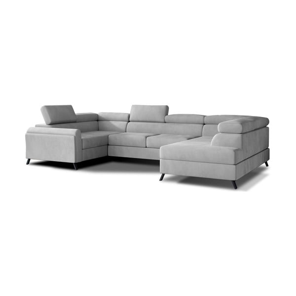 Divano angolare grigio chiaro allungabile/con contenitore (con penisola a destra/a U) e rivestimento in velluto Escada – ELTAP