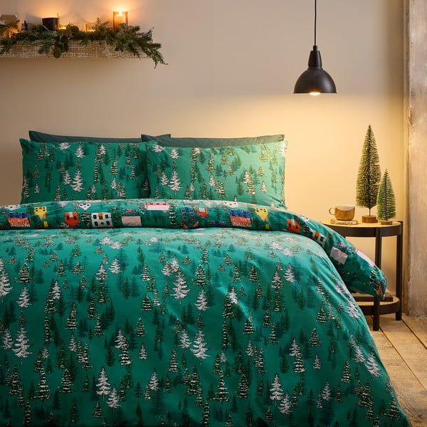 Biancheria verde per letto matrimoniale 200x200 cm Festive Forest - Catherine Lansfield-image-1