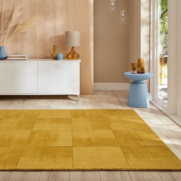 Tappeto in lana giallo ocra tessuto a mano 120x170 cm Demi Check Ombre - Flair Rugs-image-1