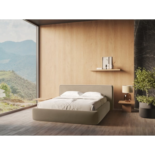 Letto matrimoniale imbottito marrone chiaro con contenitore con griglia 140x200 cm Kiana - Makamii-image-1