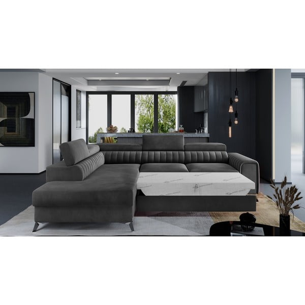 Divano angolare grigio scuro allungabile/con contenitore (con penisola a sinistra/a L) e rivestimento in velluto Laurence – ELTAP-image-2