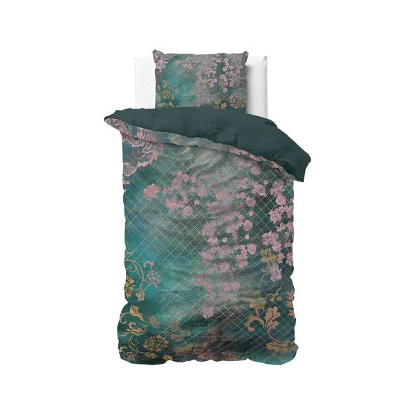 Biancheria da letto singola in cotone verde Tiran Flower, 140 x 200 cm - Pure Cotton