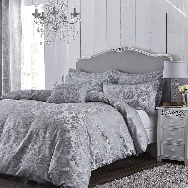 Set copripiumino e federa grigio in tessuto damascato per letto matrimoniale e per letto esteso 230x220 cm Damask Jacquard – Catherine Lansfield-image-4