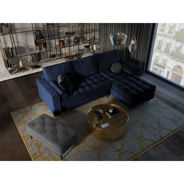 Divano letto angolare in velluto blu, angolo destro Santo - Milo Casa-image-1