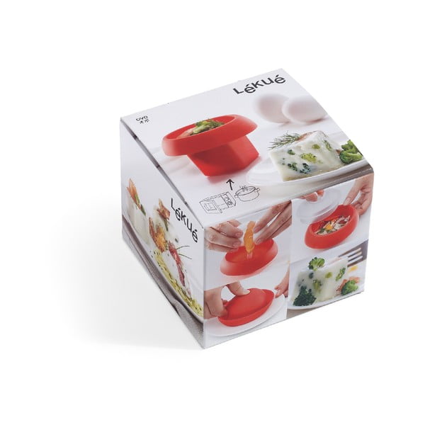 Červená hranatá silikonová formička na vaření vajec v mikrovlnce Lékué Ovo, ⌀ 10 cm-image-3