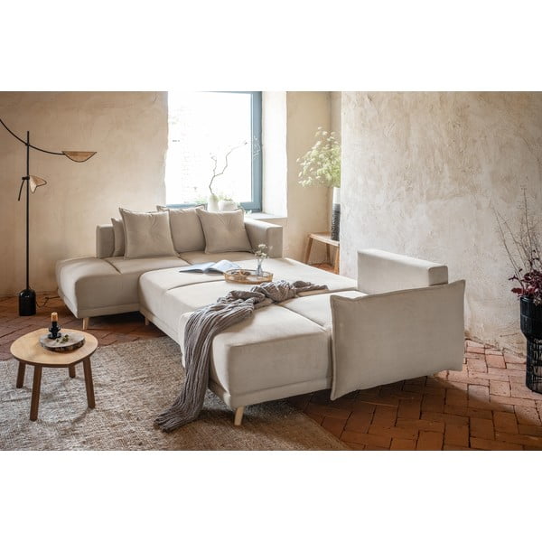 Divano letto angolare in velluto a coste beige (angolo sinistro/"U") Lazy Lukka - Miuform-image-4