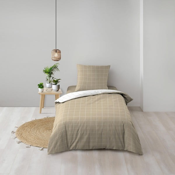 Set copripiumino e federa bianco/beige in cotone per letto singolo 140x200 cm Cadria – douceur d'intérieur-image-1