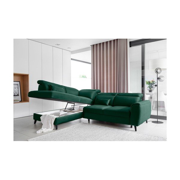 Divano angolare verde allungabile/con contenitore (con penisola a sinistra/a L) e rivestimento in velluto Noble – ELTAP-image-3
