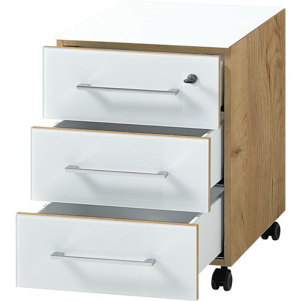 Armadietto bianco con effetto rovere con chiusura a chiave/su ruote 40x55x50 cm Monteria – Germania-image-3