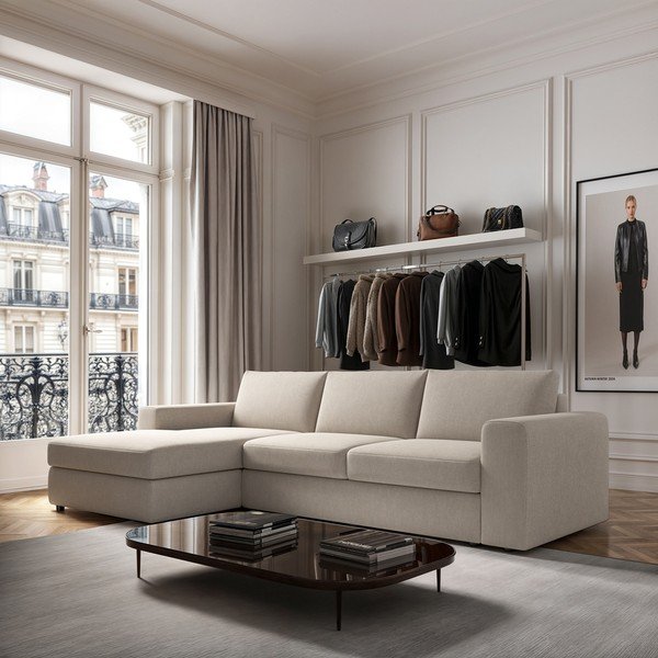 Divano angolare beige (con penisola a sinistra e chaise lounge) rivestito in velluto Baga – Rodier-image-1