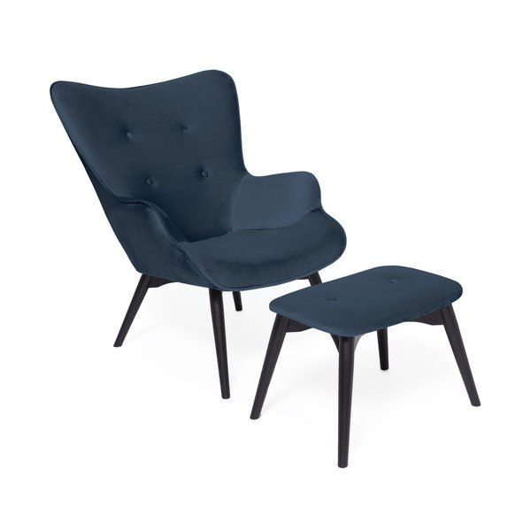 Poltrona e poggiapiedi blu scuro con poggiapiedi nero Cora Velvet - Vivonita