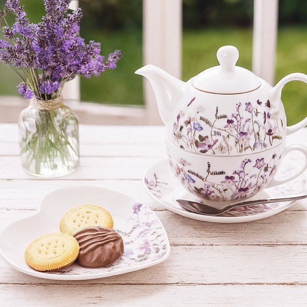 Set da tè bianco/viola in porcellana Louka – Orion-image-1