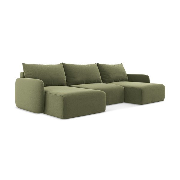 Divano angolare verde allungabile/con contenitore (a U) con rivestimento in velluto Kalena – Makamii-image-2