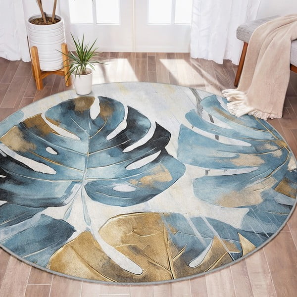Tappeto rotondo blu lavabile ø 120 cm Golden Leaves – Mila Home-image-1