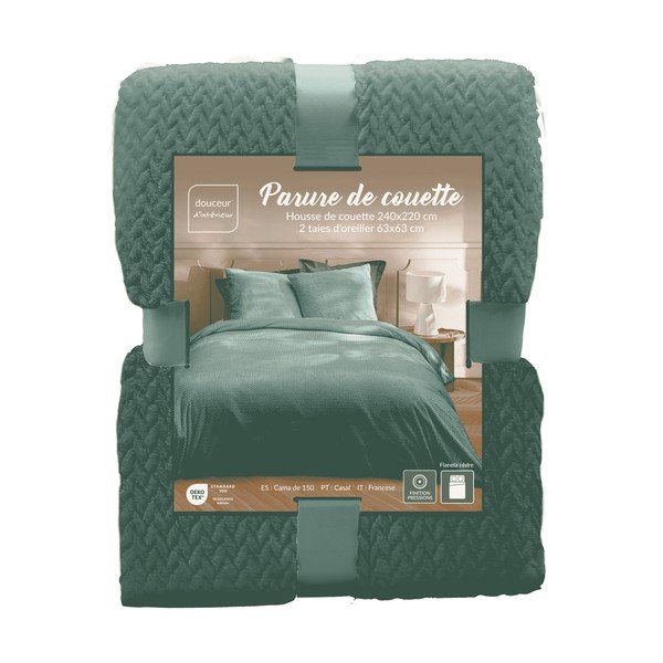 Set copripiumino e federa verde in microflanella per letto matrimoniale/per letto esteso 3 pezzi 240x220 cm Flanou – douceur d'intérieur-image-3