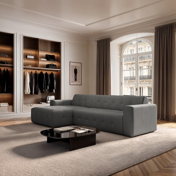 Divano angolare grigio (con penisola a sinistra e chaise lounge) rivestito in velluto Tuil – Rodier-image-1