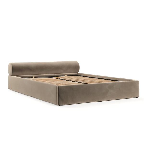 Letto matrimoniale imbottito marrone chiaro con contenitore e rete inclusi 140x200 cm Solvo – Maison de Rêve