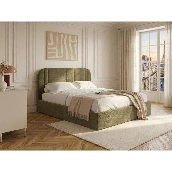 Letto matrimoniale imbottito verde con contenitore con rete inclusa 160x200 cm Sidney – Bobochic Paris-image-1