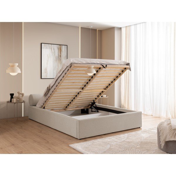 Letto matrimoniale imbottito beige con contenitore con rete inclusa 200x200 cm Cille – Ropez-image-4
